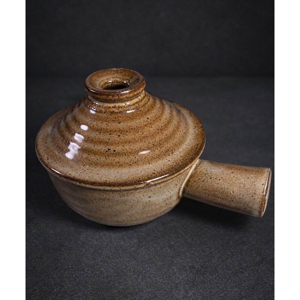 Vintage Stoneware Lidded Soup Crock Bowl Vented Lid Brown Speckled